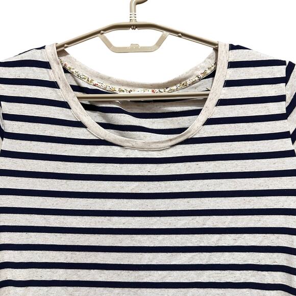 89th Madison Women Top 1X Beige Blue Striped Short Sleeve Rayon Blend Minimalist - Picture 2 of 8